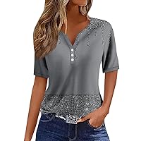 Going Out Tops for Women Henley V Neck Button Dressy Blouse Short Sleeve Sparkling Stripe Gradient Shirts