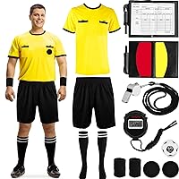 Soccer Referee Kit Including Soccer Referee Jersery Shorts Socks Red Yellow Cards with Recording Paper 3 Strap Sticks Stainless Steel Whistle Stopwatch Football Side Selector Wristbands for Sports