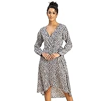 Slim Fit Printed Long Sleeve Wrap Dress - V Neck Cocktail Evening Dress