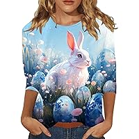 SNKSDGM Womens Happy Easter T Shirt 3/4 Sleeve Blouse Cute Bunny Printed Graphic Tees Crew Neck Loose Fit Casual Shirt