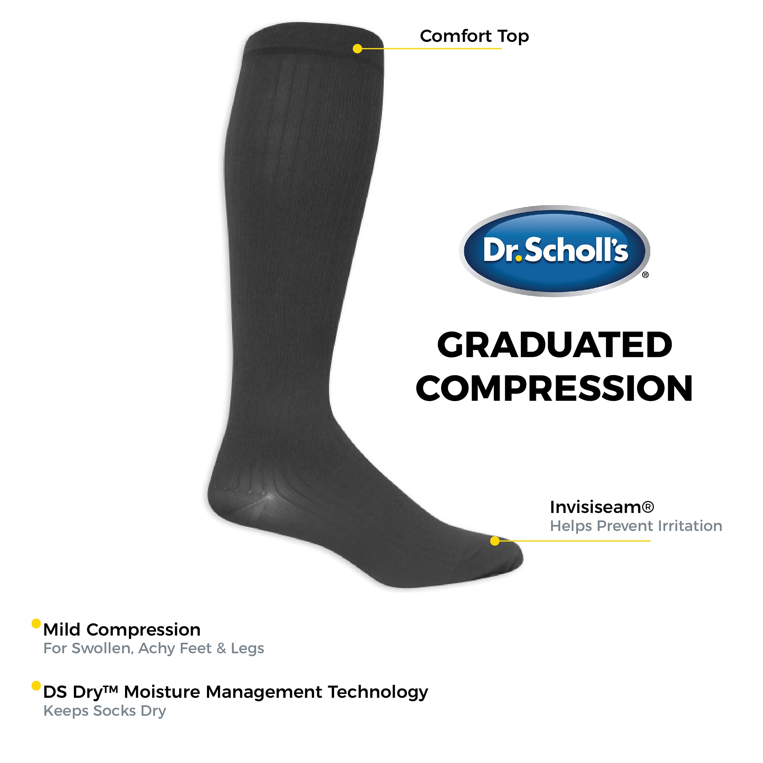 Dr. Scholl's Men's Graduated Compression Over the Calf Socks - 2 & 3 Pair Packs - Energizing Comfort and Fatigue Relief
