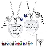 weikui Heart Urn Necklace for Ashes with Angel Wing 12 Birthstones Cremation Memorial Pendant，Carved Locket keepsake jewelry- I Used to be His/Her Angel, Now He/She is Mine