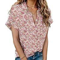 HOTOUCH Linen Cotton Womens Short Sleeve Shirts V Neck Collared Button Down Blouse Tops S-3XL