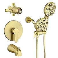 Gold Shower Faucet Set with Tub Spout, Bath Tub and Shower Faucet Combo Set with Valve, 7-Spray High Pressure Dual Shower Head and Faucet Set with 3 Way Diverter, Shower Head and Handle Trim Kit