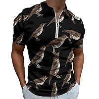 Thrush Gift for Bird Lover Men's Zippered Polo Shirts Short Sleeve Golf T-Shirt Regular Fit Casual Tees