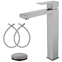 Brushed Nickel Vessel Sink Faucet, Tall Bathroom Faucet Single Hole, Brushed Nickel Bathroom Sink Faucet with Pop Up Drain, AML-11411-BN