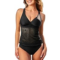 CUPSHE Women's Tankini Sets Two Piece Swimsuit V Neck Ruched Crisscross Back Tie Adjustable Straps Mid Rise Lace