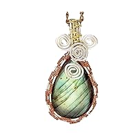 Silver Plated Beautiful Labradorite Necklace for Unisex, Handmade Wire Wrapped Designer Healing Stone Pendant with Chain 19