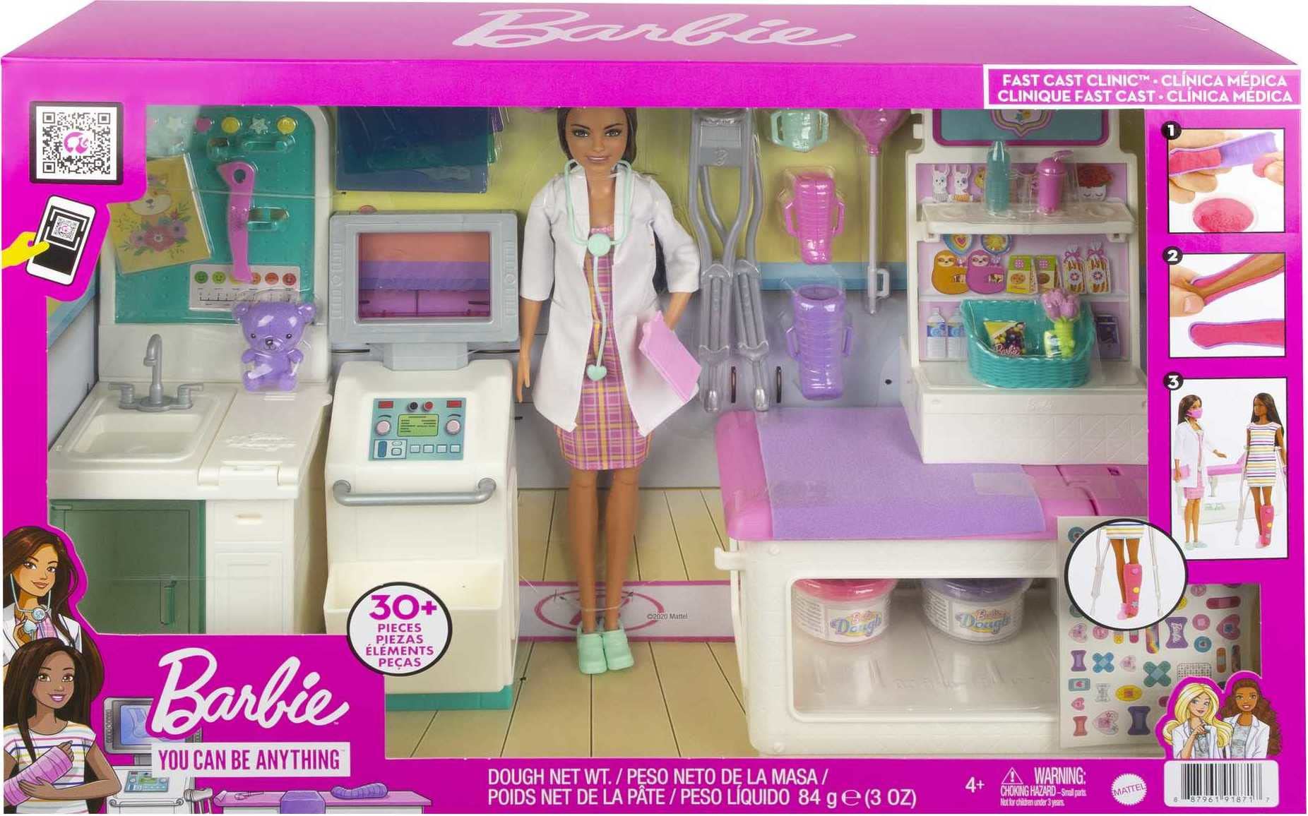 Barbie Fast Cast Clinic Doll & Playset, Brunette Doctor Doll, Furniture & 30+ Accessories Including Molds & Dough for Bandages