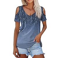 Workout Tops for Women, Girls Outfits Casual Tops for Women Trendy Women's Off-Shoulder Fashion Tee V-Neck Summer Shirt Solid Color Trendy Tshirt Loose Short Sleeve Womens 2024 (Blue,3X-Large)