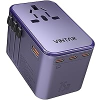 Universal Travel Adapter, VINTAR 75W GaN International Plug Adapter with 3 USB-C PD & 2 USB-A QC, All-in-one Travel Essentials for UK/EU/USA/AUS, Travel Adapter Worldwide for Laptops Phones, Purple