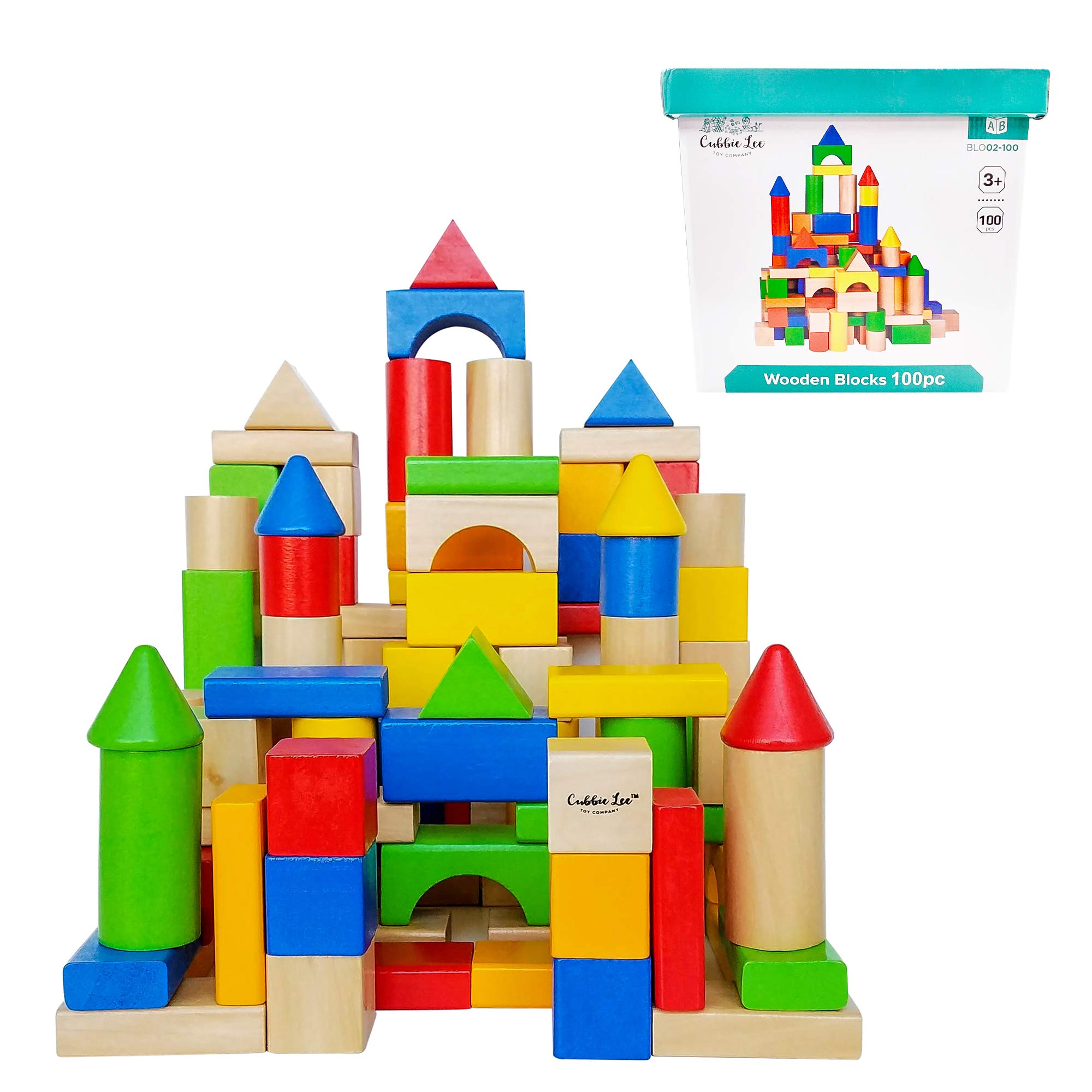 Cubbie Lee Premium Wooden Building Blocks Set - 100 pc for Toddlers Preschool Age - Classic Hardwood Plain & Colored Small Wood Block Pieces for Boys & Girls - Classic Build & Play Toy