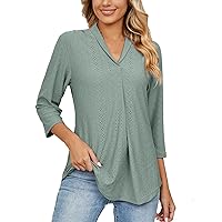 YZHM Women's Fashion Casual Tops 3/4 Sleeve Lapel Shirts Solid Color V Neck Dressy Blouse Loose Tunic Tops Trendy Tshirts