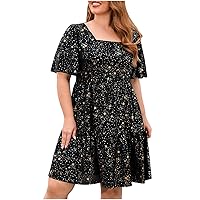 Women's Plus Size Summer Tiered Cotton Linen Dress Casual Short Sleeve Square Neck Stars Print Loose Swing Dresses