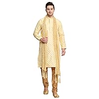 Men's Tunic Art Silk Kurta Pajama Pyjama Dupatta Set with Embroidery Zari Work Indian Clothing Dress Gifts Items