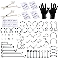 Tustrion 94PCS Mixed-pack Piercing Kits for All Body Piercings Stainless Steel 14G 16G 20G Jewelry and Needle with Tools 10Pcs Alcohol Pad Nose Septum Lip Ear Belly Button Cartilage Tragus