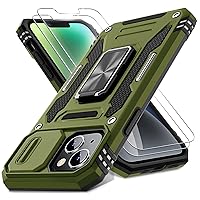 DEERLAMN for iPhone 13 Case, iPhone 14 Case with Slide Camera Cover + Screen Protector(2 Packs), Rotated Ring Kickstand Military Grade Shockproof Protective Cover-Olive Green
