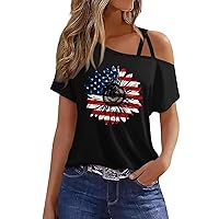 Red White and Blue Shirts for Women,Ciss Cross One Cold Shoulder Casual Print Summer Short Sleeve Tshirt Blouse
