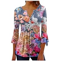 Women Fashion Casual V Neck T-Shirt Tops Pleats Floral Printed Loose Shirts Flowy Hem Short Sleeve Blouse Tees