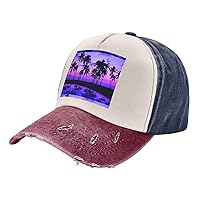 Men Women Dad Hat Vintage Distressed Palm Tree Purple Sunset Baseball Cap Adjustable Unisex