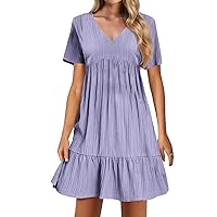 Ruched Dresses for Women 2024 Summer Solid Color Patchwork Casual Classic with Short Sleeve V Neck Dress