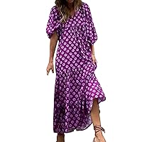 Geometric Printed Bubble Sleeved Dress Street Oversized Women's Clothing Silk Formal Dress (Purple, XL)