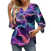 3/4 Sleeve Tops for Women,Womens Summer V Neck Casual T Shirts Dressy Print Tee Soft Flowy Tunics Loose Fit Blouse