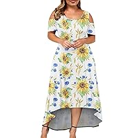 XJYIOEWT Matching Mommy and Me Dresses,Womens Large Size Dress Crew Neck Off Shoulder Short Sleeve Printed Casual Skirt