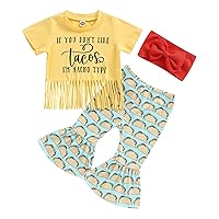Toddler Baby Girl Summer Outfits Clothes Letter Short Sleeve Tassel T-Shirts + Flare Pants + Headband 3PCS Set