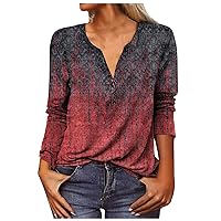 Fall Beach Classic Long Sleeve Blouse Womens Plus Size Stretchy Printed Cotton T Shirt Deep V Neck Button Down Loose Fit T Shirt Women Wine