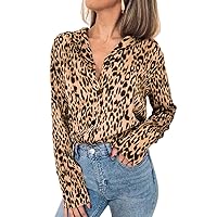 Womens Leopard V Neck Chiffon Tops Long Sleeve Button Printing Shirts