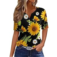 Womens Summer Tops, Women's Casual Sunflower Print V-Neck Short Sleeve Decoration Button T-Shirt Top