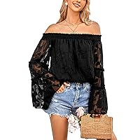 IFFEI Women's Off The Shoulder Tops Lace Floral Textured Shirts Casual Loose Puff Long Sleeve Chiffon Blouses