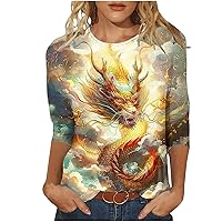 3/4 Sleeve Shirts for Women Novelty Chinese Dragon Graphic Blouses Chinese Dragon T-Shirt Funny Anime Graphic Tee Shirt