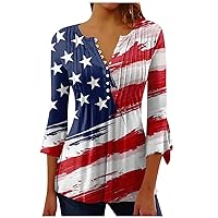 3/4 Length Sleeve Tops for Women Independence Day Flag Day Printed V Neck Summer Shirt Tshirt Casual Tees
