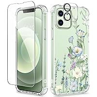 GVIEWIN for iPhone 12 Case and iPhone 12 Pro Case with Screen Protector + Camera Lens Protector, Clear Floral Flexible TPU Shockproof Women Girls Flower Phone Case 6.1