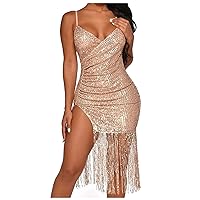 Sexy Party Fashion Neck Sequin Fringe Dress Nightclub Sleeveless Slimming Mid Length Dress Fertility Dress