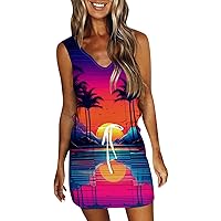 Sundresses for Women 2024 Summer Casual Cute V Neck Mini Dress Trendy Floral Drawstring T Shirt Dress with Pockets