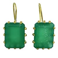 Green Onyx Natural Gemstone Octagon Shape 925 Sterling Silver Uniqe Drop Dangle Earrings | Yellow Gold Plated