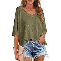 MEROKEETY Women's V Neck Batwing Half Sleeve Shirts Waffle Knit Loose Blouse Solid Color Tops