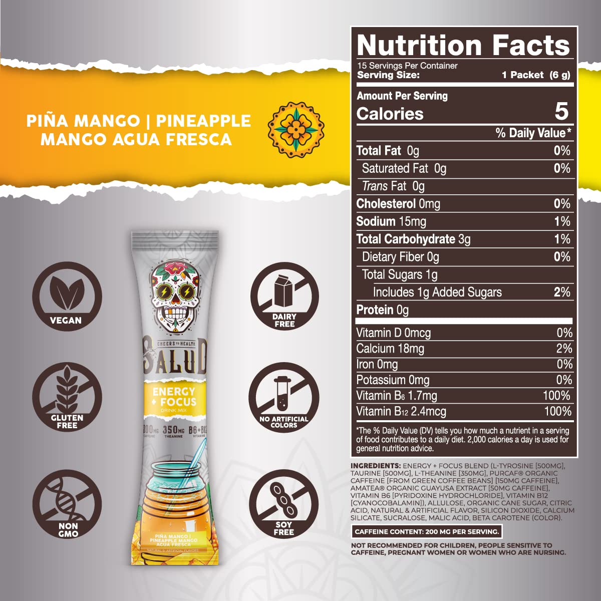 Salud 2-Pack |2-in-1 Energy + Focus (Pineapple Mango) & Hydration + Immunity (Lemonade) – 15 Servings Each, Agua Fresca Drink Mix, Non-GMO, Gluten Free, Vegan, Low Calorie, 1g of Sugar