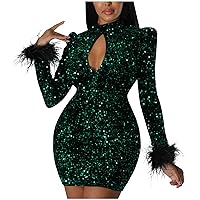 Women's Elegant Sequin Party Dress Sparkly Long Sleeve Bodycon Mini Dress Sexy Hollow Backless Formal Evening Dress