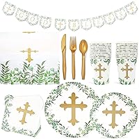 Sparkle and Bash 170-Piece Religious Party Decorations, Dinnerware Set with Baptism Plates, Napkins, Cups, Cutlery, Table Cover, and Banner (Serves 24)