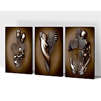 3 Pieces Canvas Wall Art - 3D Wall Art Canvas, Gold Hugging Couple Wall Design Art Print on Canvas, Modern Love Painting 3D Metal Sculpture Effect Picture Framed for Bedroom Wall Decor (16”x24”x3Pcs)