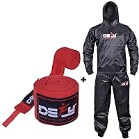 Bundle of Heavy Duty Sweat Suit with 180 Inch Hand Wraps for Boxing - Gym Sauna Suit Fitness Workout Anti-Rip with Hood - Muay Thai MMA Elastic Bandages for Men & Women