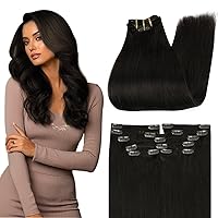 Full Shine Real Hair Extensions Clip in Human Hair Off Black Seamless Clip in Hair Extensions Human Hair Tripple Weft Flat Weft Hair Extensions Thick Hair 16 Inch