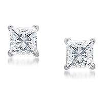 1/2 Carat Solitaire Diamond Stud Earrings Princess Cut Cubic Zirconia 4 Prong Screw Back In 14K White Gold Over Sterling Silver (D Color, VVS1 Clarity)