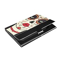 ALAZA Mexican Sugar Skull Day of Dead Funny Business Card Holder Case for Women Men Cute PU Leather & Metal Name Card Holders with Clip
