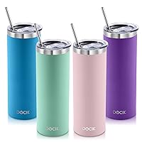 20 oz Straight Skinny Tumblers 4 Pack, Stainless Steel Double Wall Vacuum Insulated Slim Travel Tumbler Cup with Lids and Straws, Gifts for Women Men Him Her
