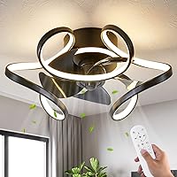 Ceiling Fan with Light Remote Control, 6 Speeds 3 Colors Geometric Bladeless Ceiling Fan with Lights, Black Low Profile Flush Mount Ceiling Fan for Kitchen Bedroom Living Room